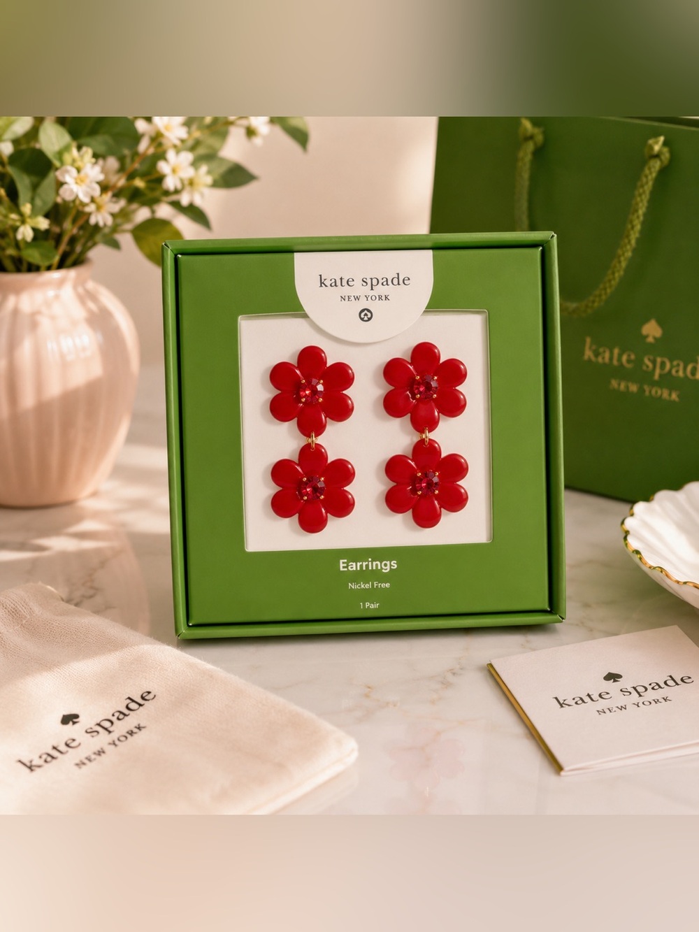 kate spade red double floral drop earrings
